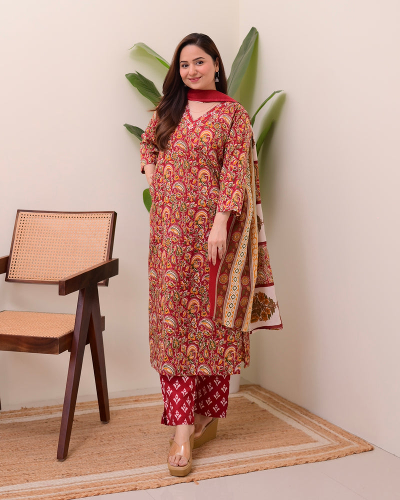 Maroon Floral Cotton Suit