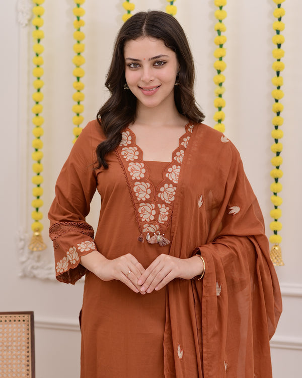 Terracotta Rose Threadwork Cotton Suit