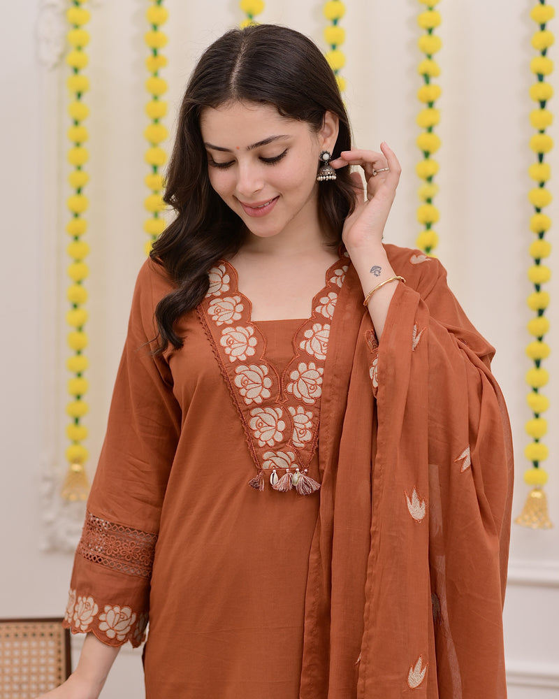 Terracotta Rose Threadwork Cotton Suit