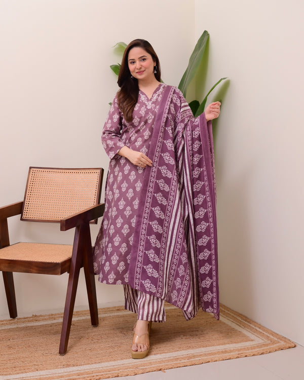 Mauve Floral Cotton Suit