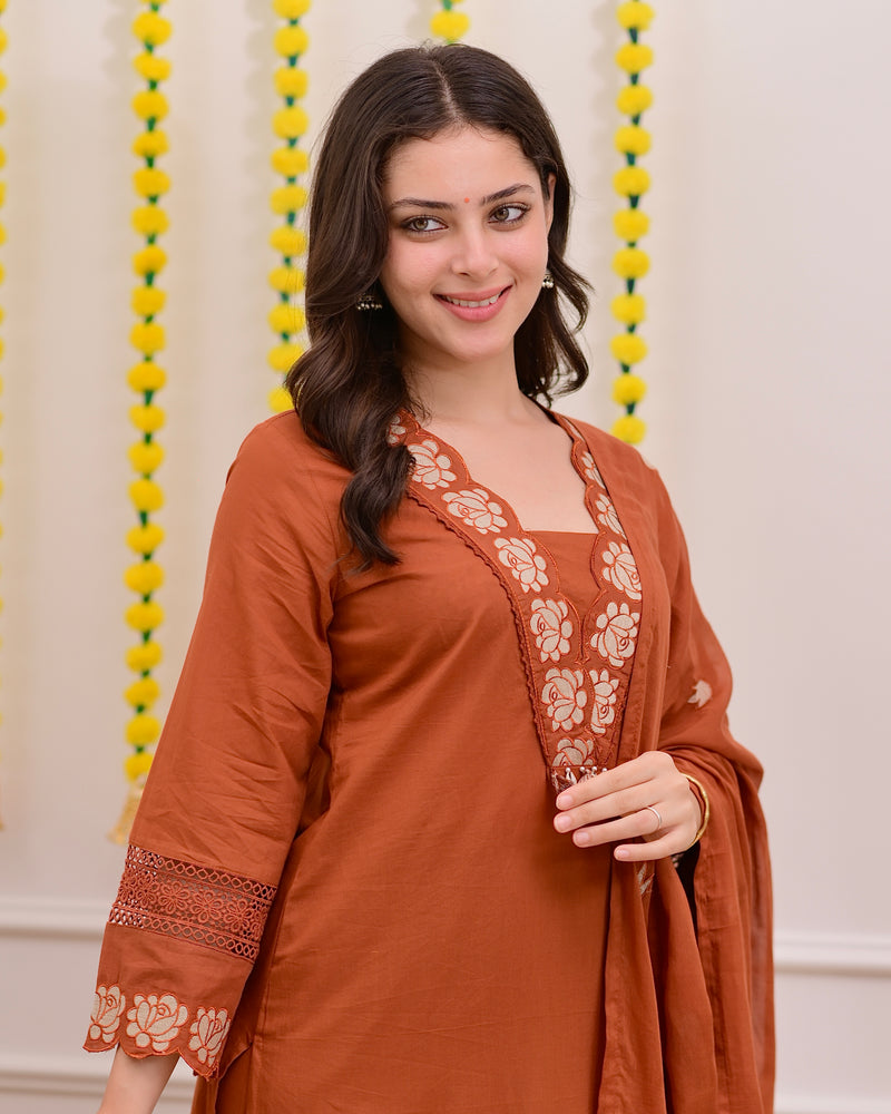 Terracotta Rose Threadwork Cotton Suit