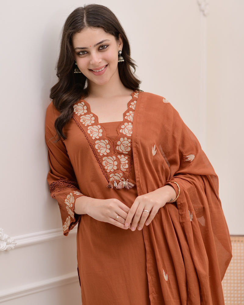 Terracotta Rose Threadwork Cotton Suit