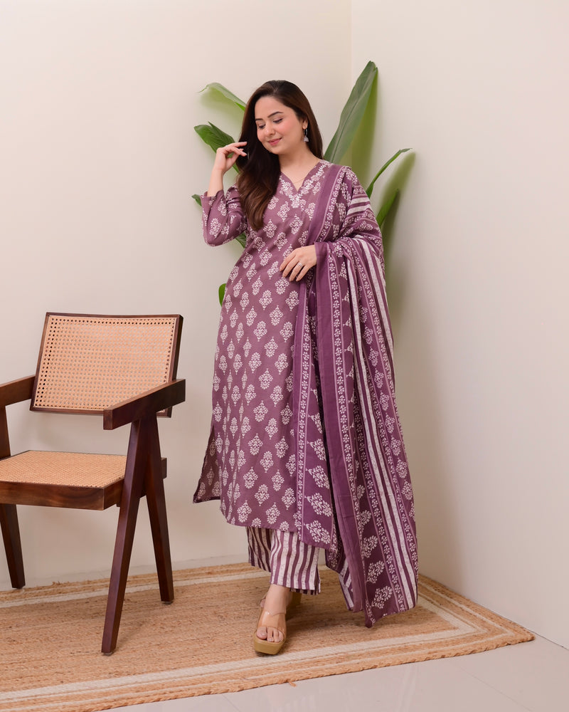 Mauve Floral Cotton Suit