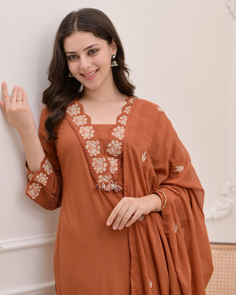 Terracotta Rose Threadwork Cotton Suit