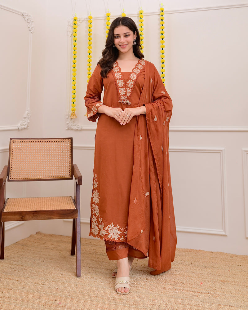 Terracotta Rose Threadwork Cotton Suit