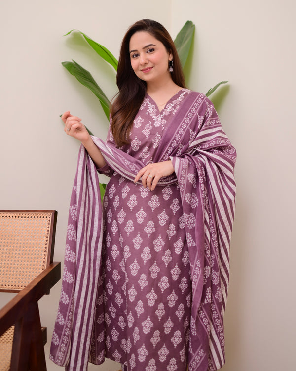 Mauve Floral Cotton Suit