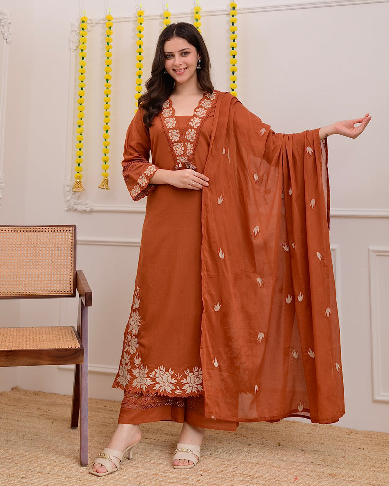 Terracotta Rose Threadwork Cotton Suit