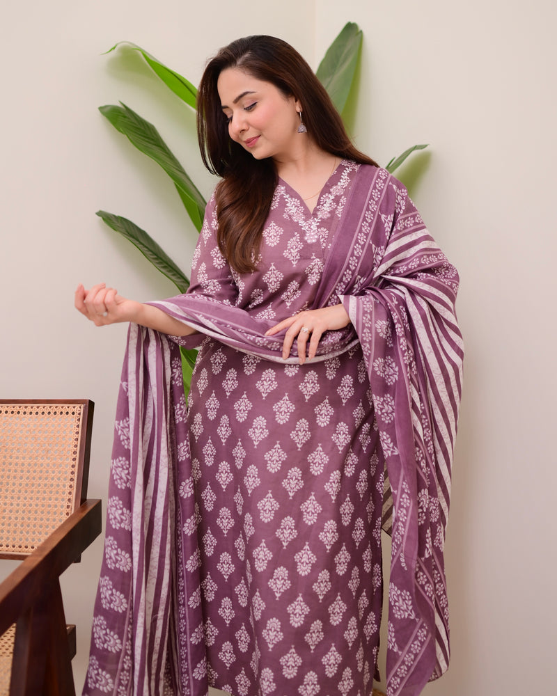 Mauve Floral Cotton Suit