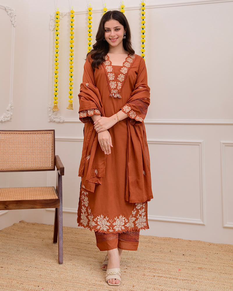 Terracotta Rose Threadwork Cotton Suit