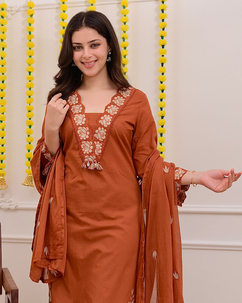 Terracotta Rose Threadwork Cotton Suit