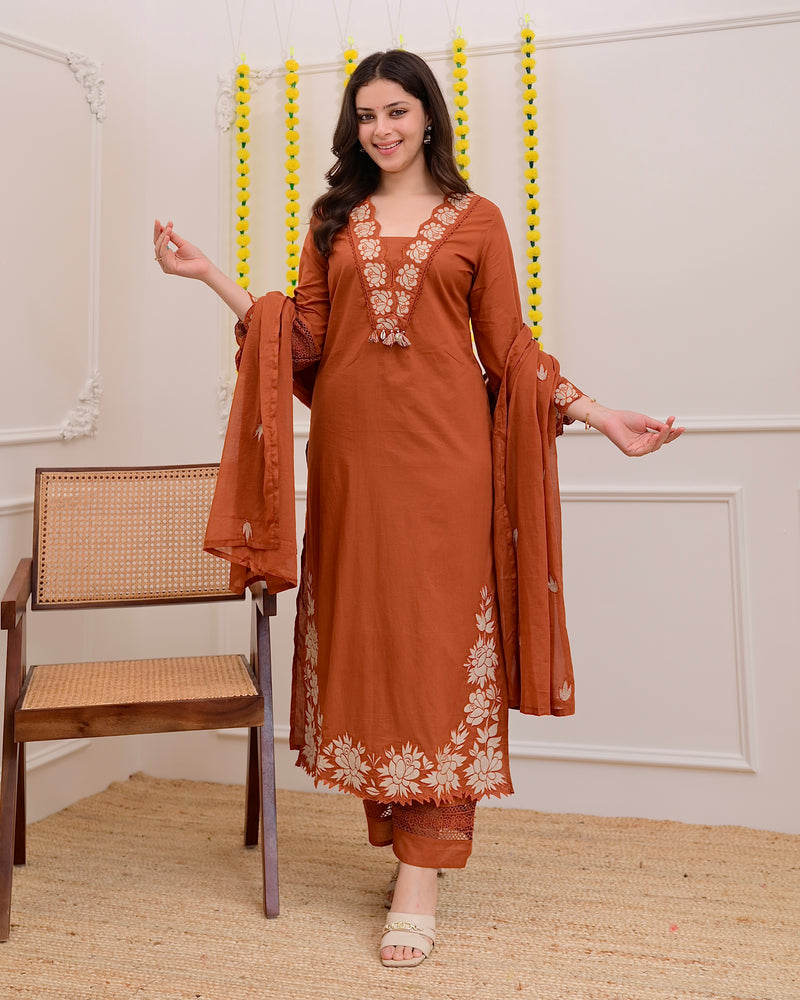 Terracotta Rose Threadwork Cotton Suit