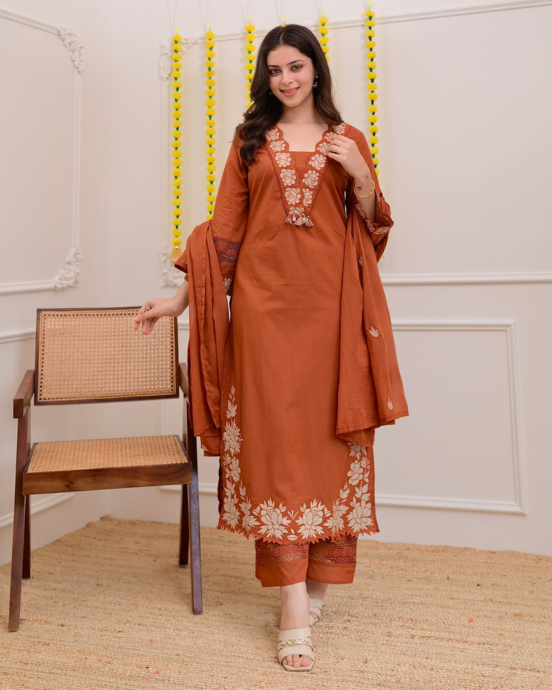 Terracotta Rose Threadwork Cotton Suit