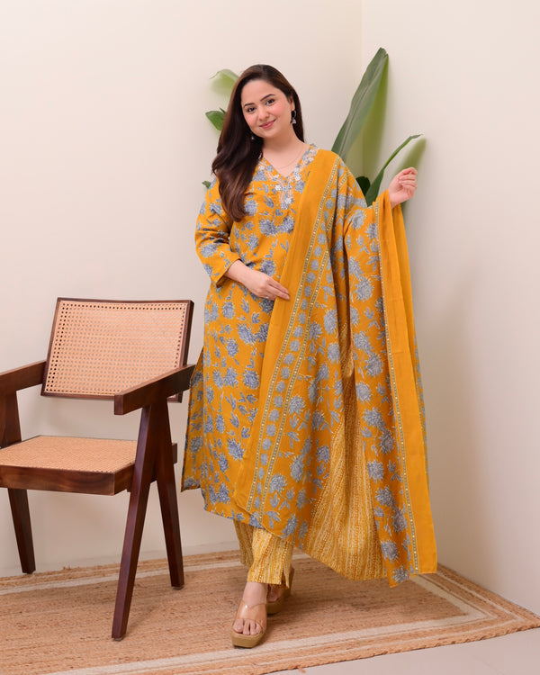Mustard Yellow Floral Cotton Suit