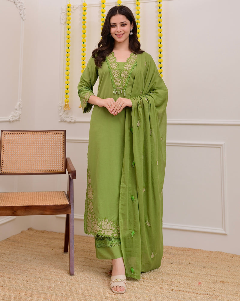 Green Rose Threadwork Cotton Suit
