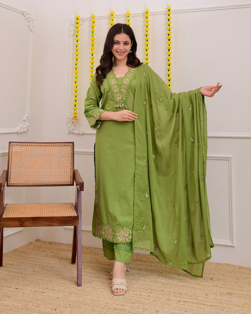 Green Rose Threadwork Cotton Suit
