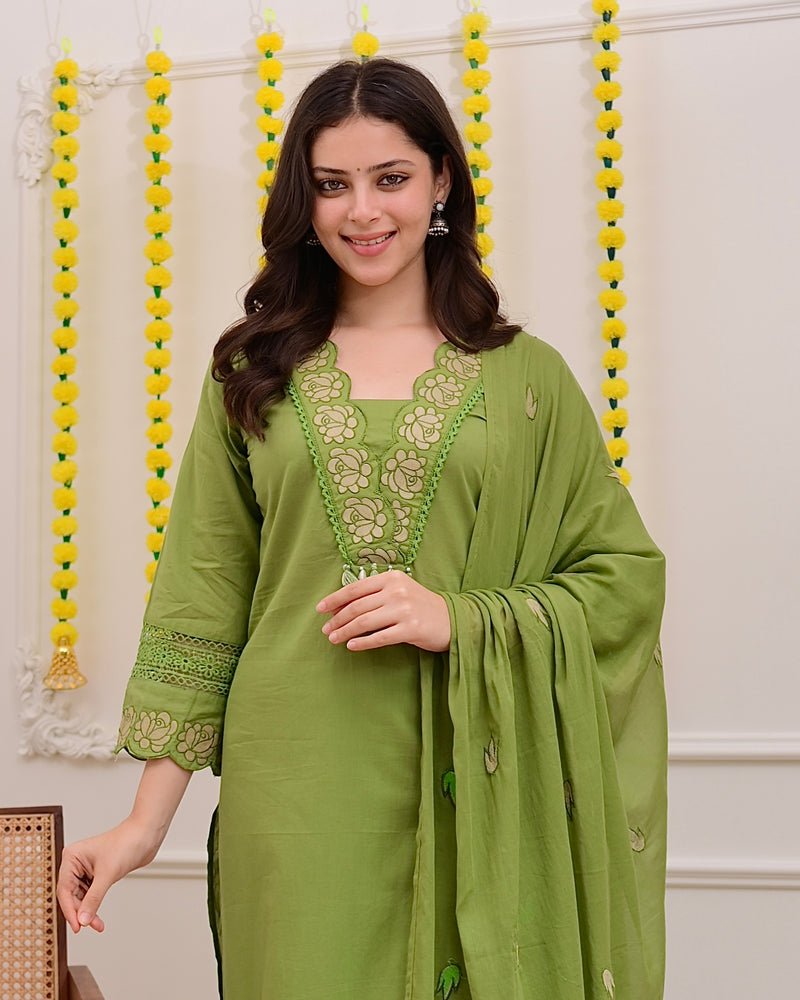 Green Rose Threadwork Cotton Suit