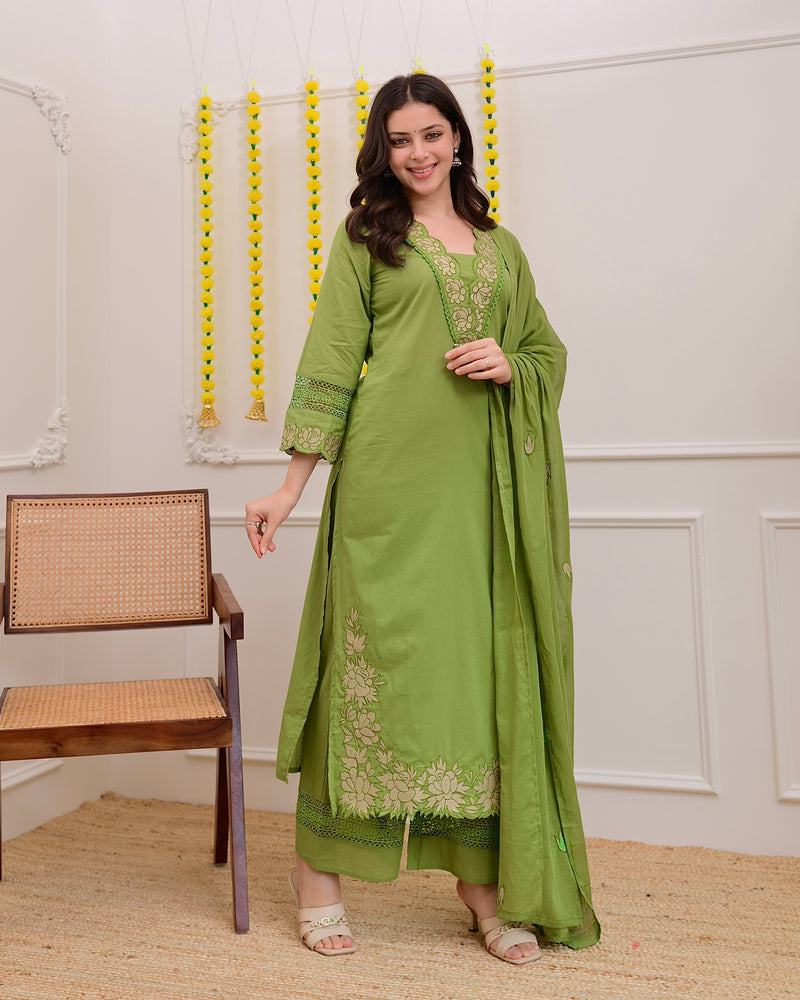 Green Rose Threadwork Cotton Suit