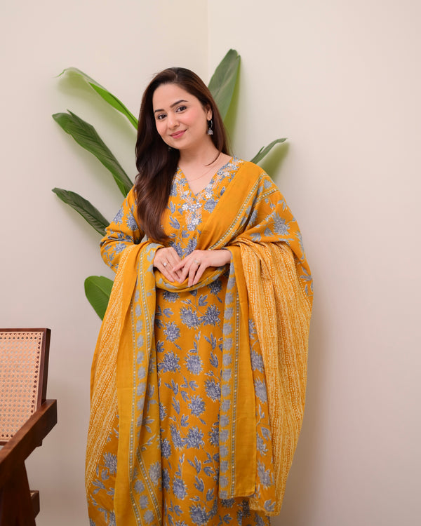 Mustard Yellow Floral Cotton Suit