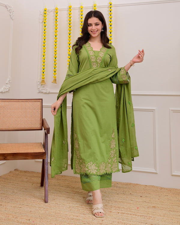 Green Rose Threadwork Cotton Suit