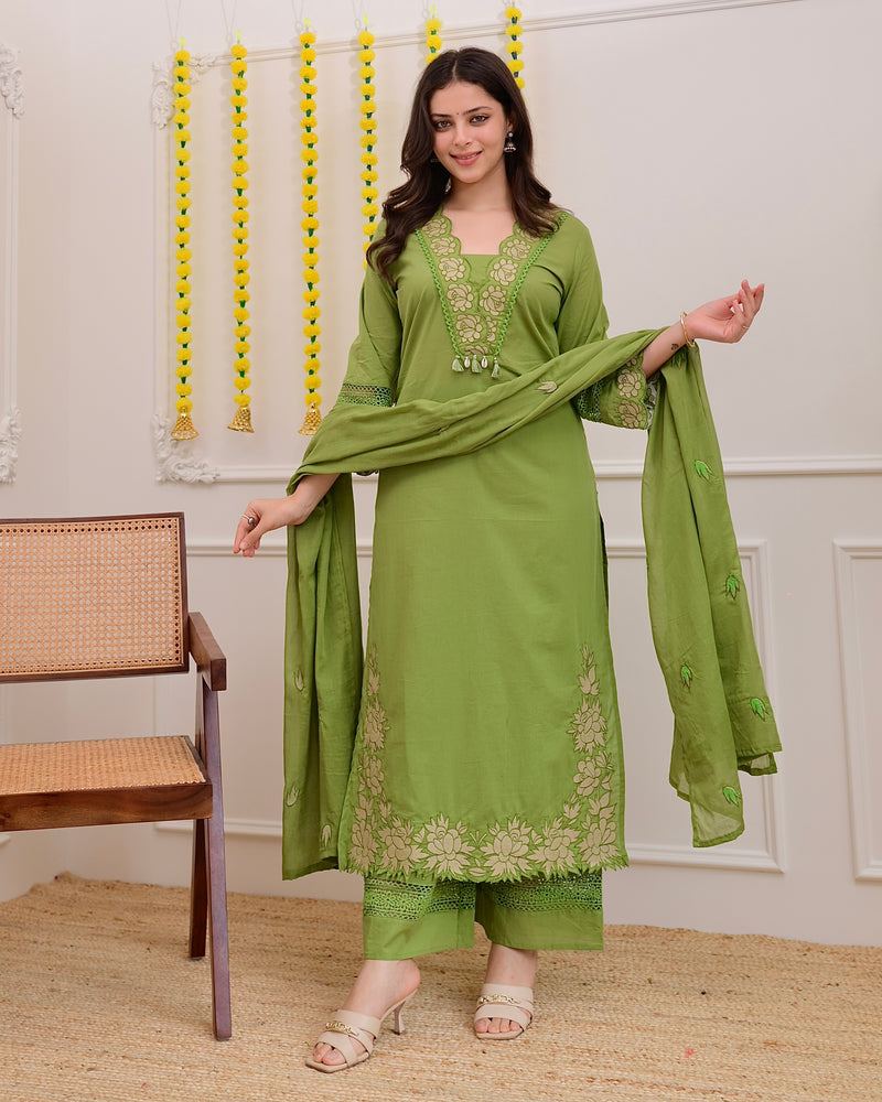 Green Rose Threadwork Cotton Suit