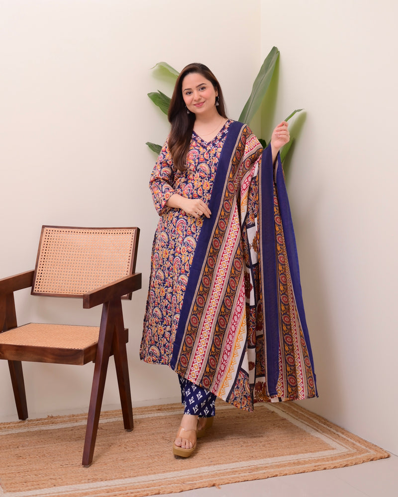 Blue Yellow Paisley Cotton Suit