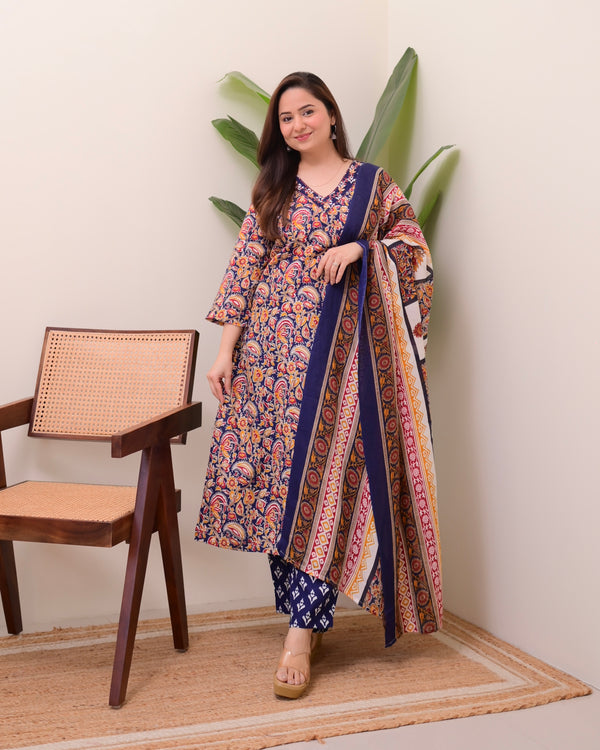 Blue Yellow Paisley Cotton Suit