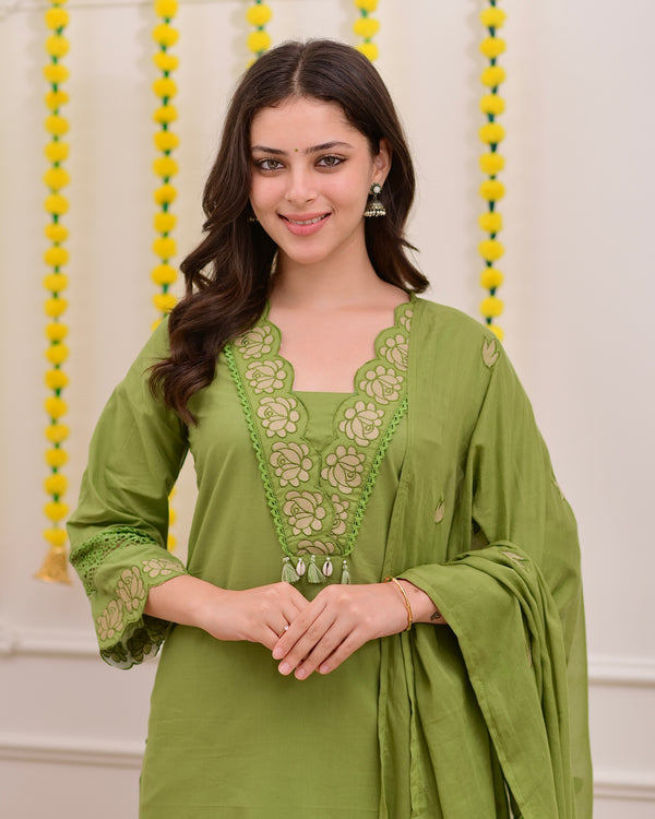 Green Rose Threadwork Cotton Suit