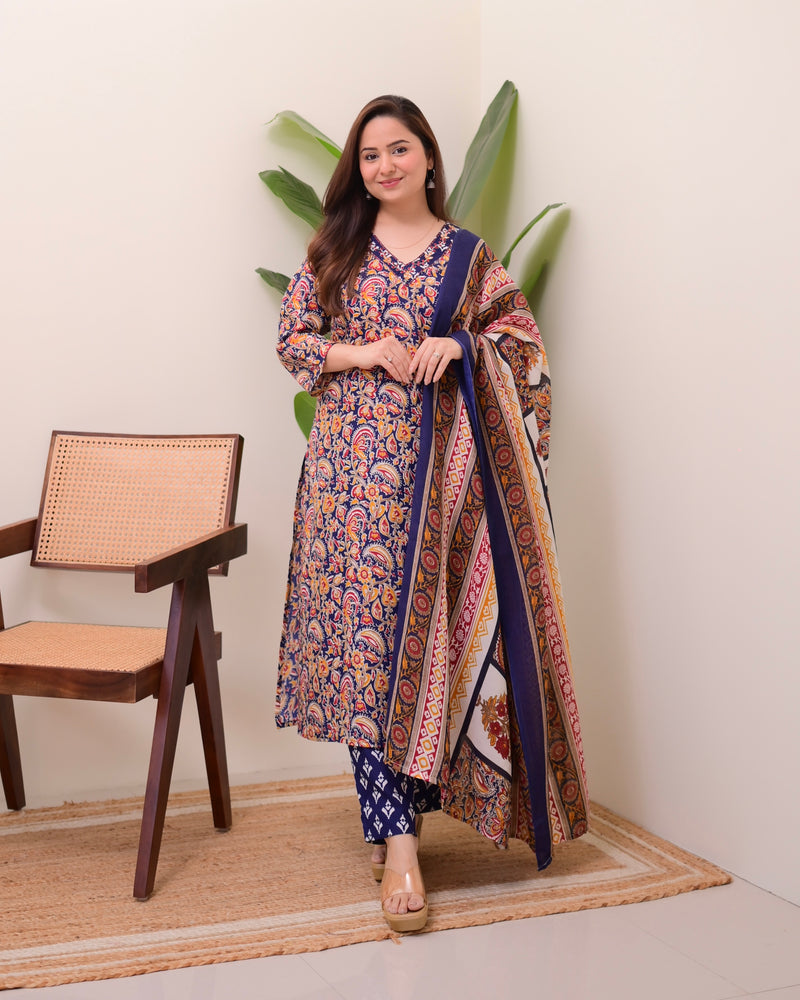 Blue Yellow Paisley Cotton Suit