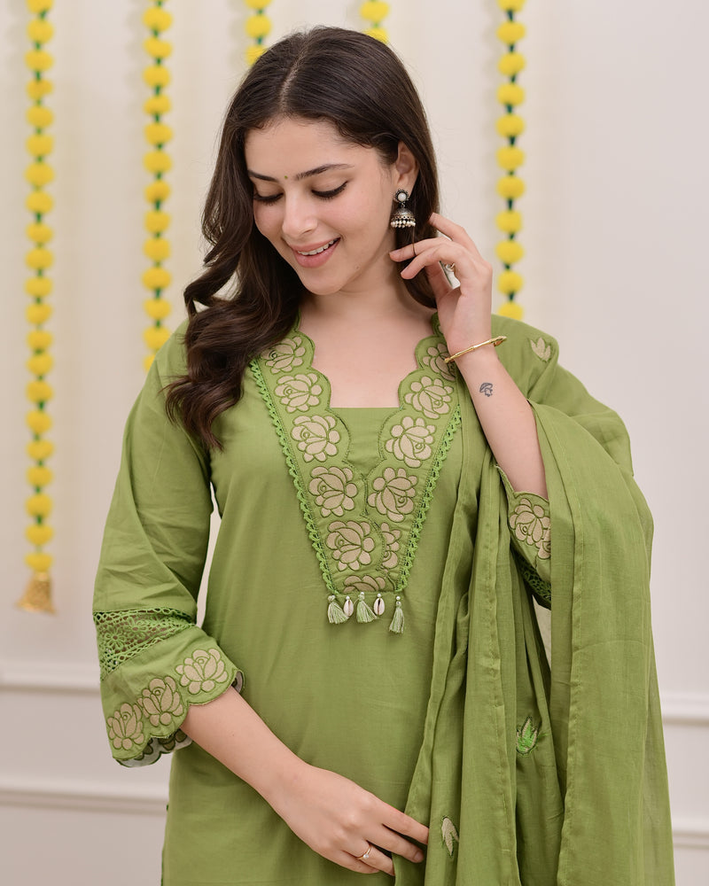 Green Rose Threadwork Cotton Suit