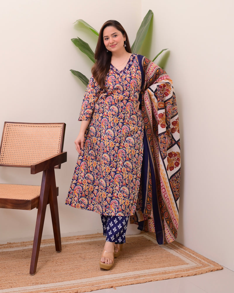 Blue Yellow Paisley Cotton Suit