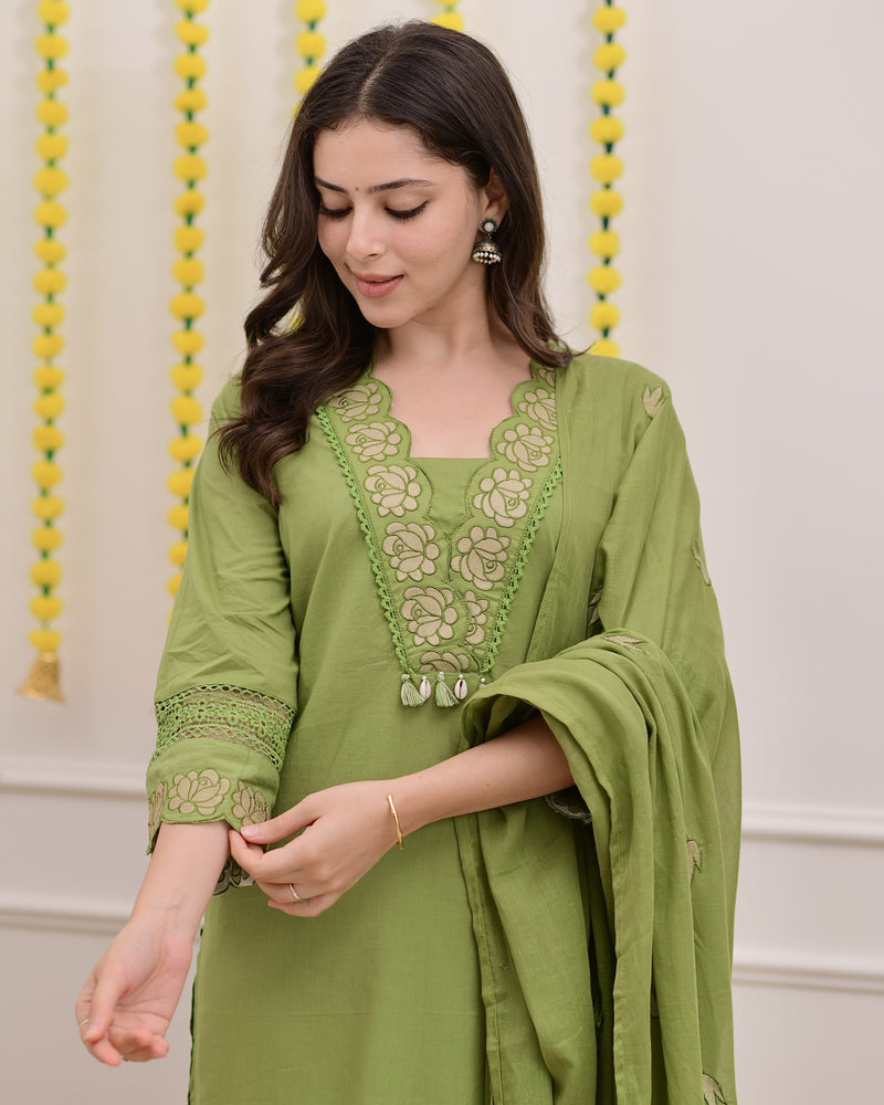 Green Rose Threadwork Cotton Suit