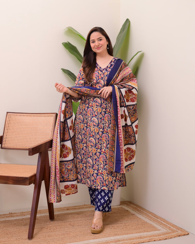 Blue Yellow Paisley Cotton Suit