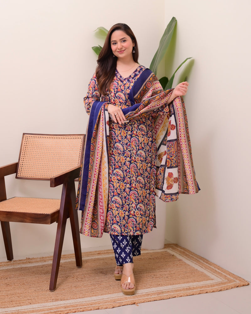 Blue Yellow Paisley Cotton Suit