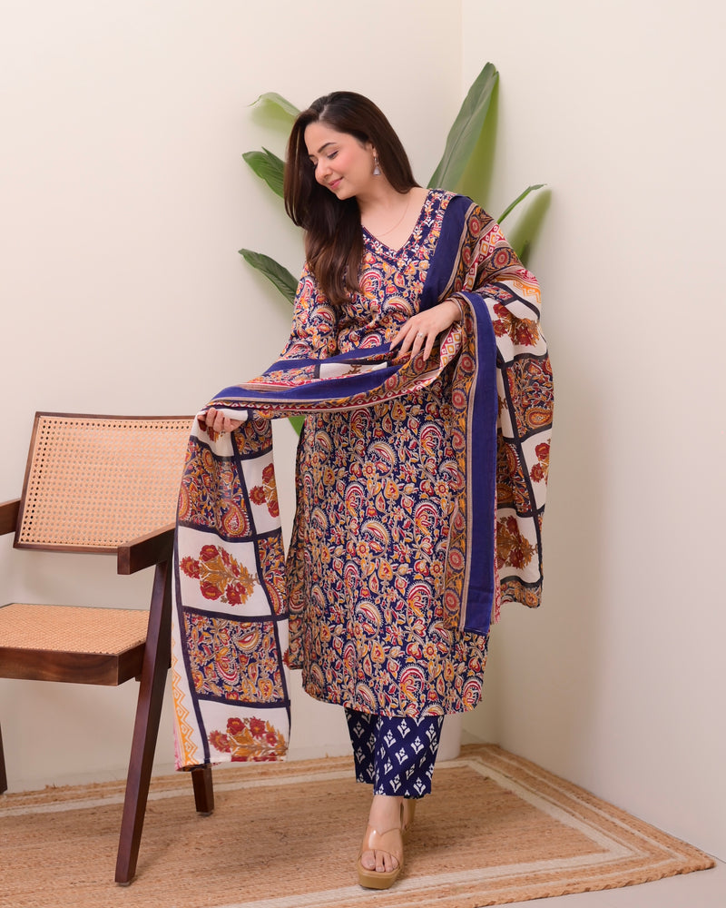 Blue Yellow Paisley Cotton Suit