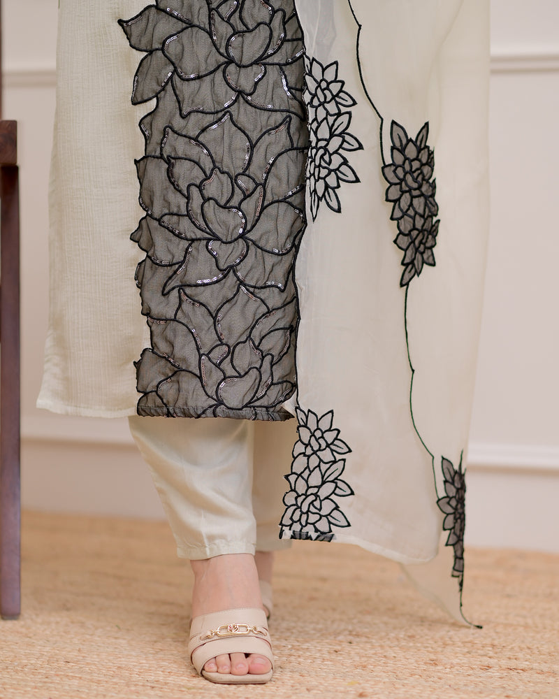 Ivory Black Shimmer Crush Applique Sequin Festive Suit