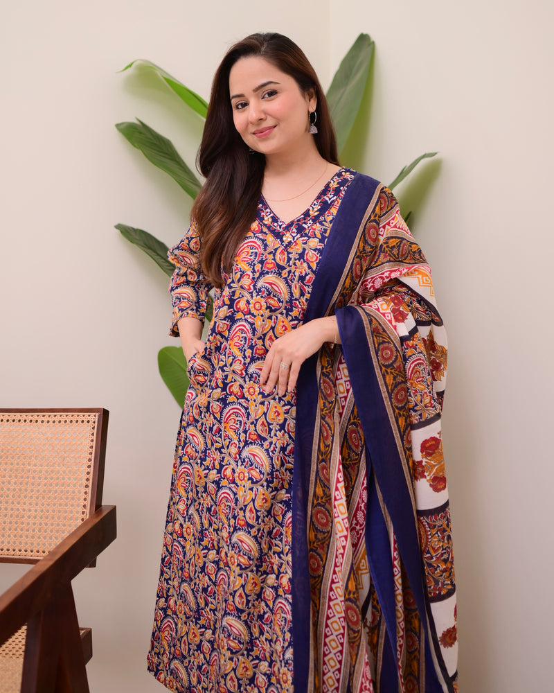 Blue Yellow Paisley Cotton Suit