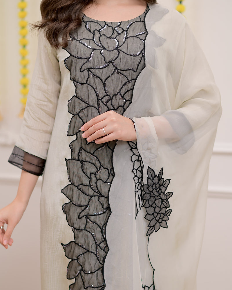 Ivory Black Shimmer Crush Applique Sequin Festive Suit