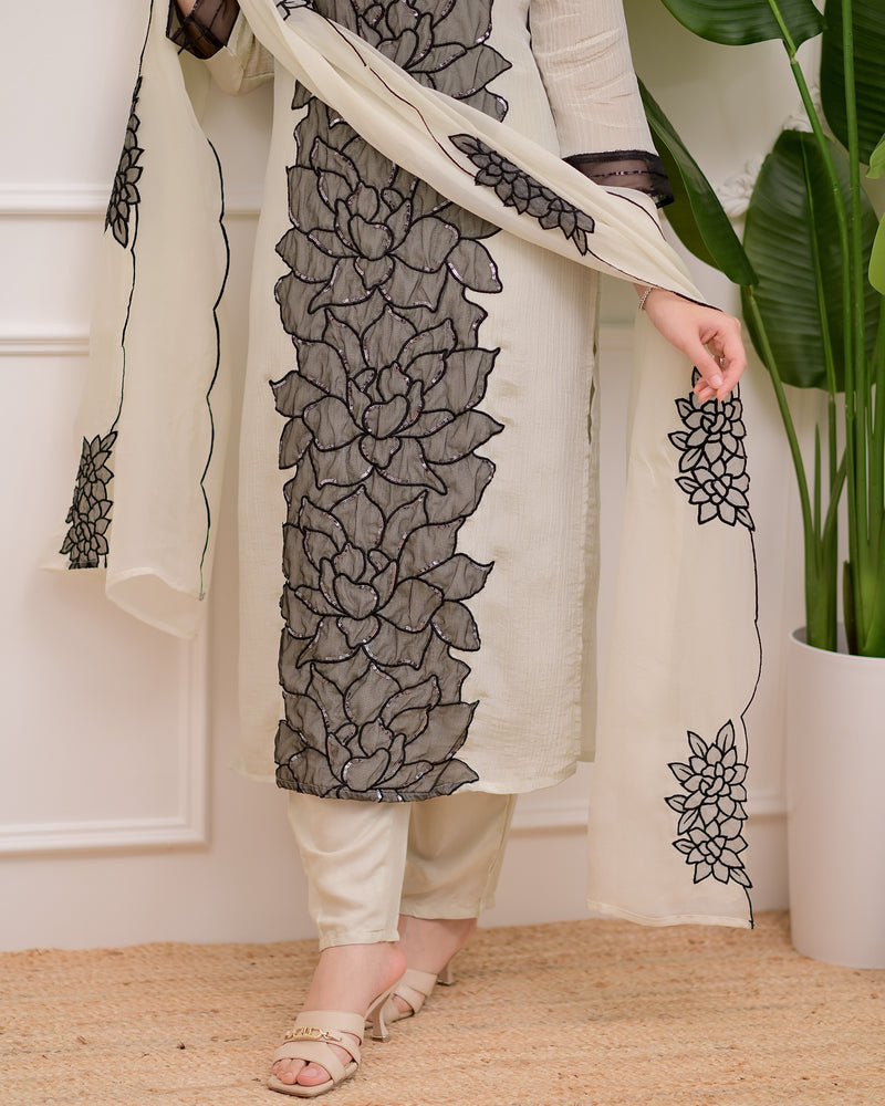 Ivory Black Shimmer Crush Applique Sequin Festive Suit