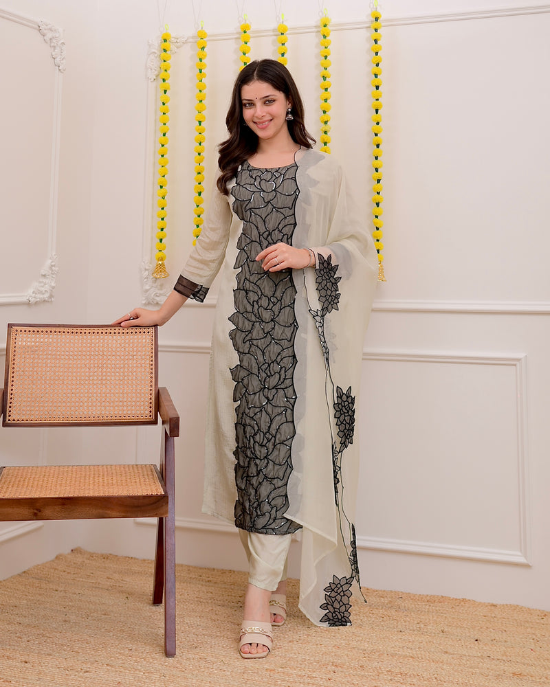Ivory Black Shimmer Crush Applique Sequin Festive Suit