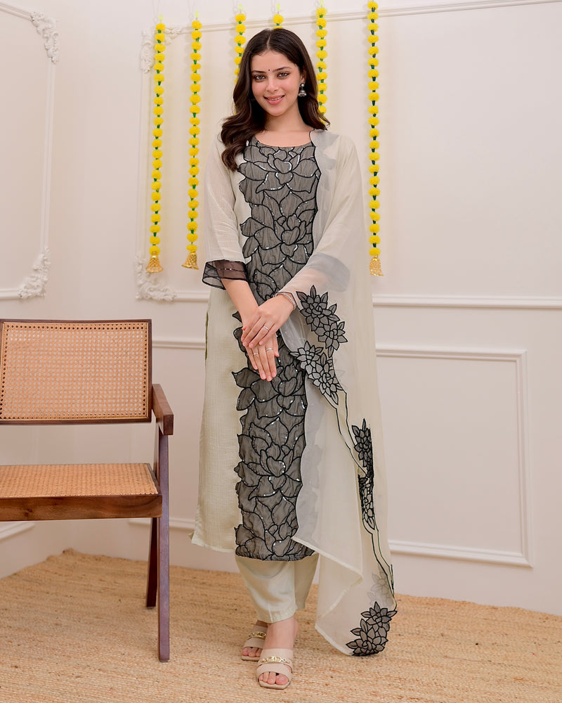 Ivory Black Shimmer Crush Applique Sequin Festive Suit