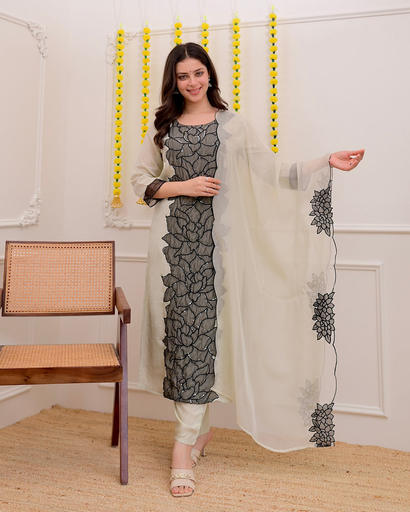 Ivory Black Shimmer Crush Applique Sequin Festive Suit