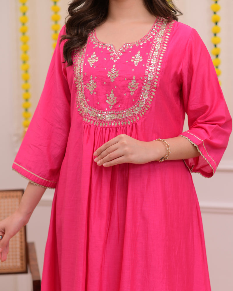 Pink Gottapatti Handwork Mul Chanderi A Line Suit