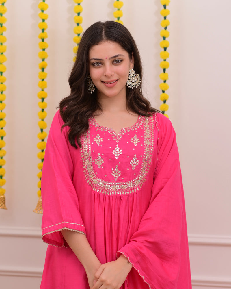 Pink Gottapatti Handwork Mul Chanderi A Line Suit