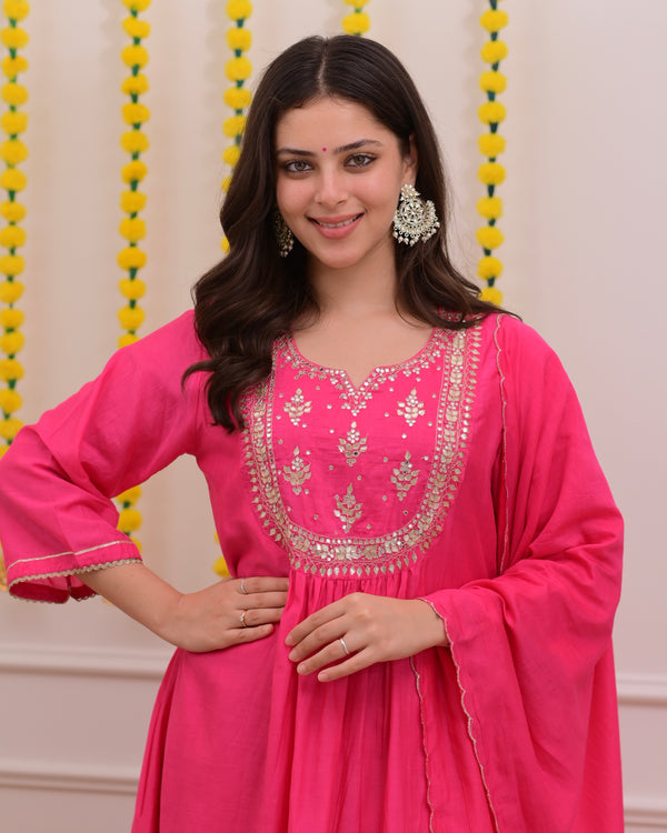 Pink Gottapatti Handwork Mul Chanderi A Line Suit