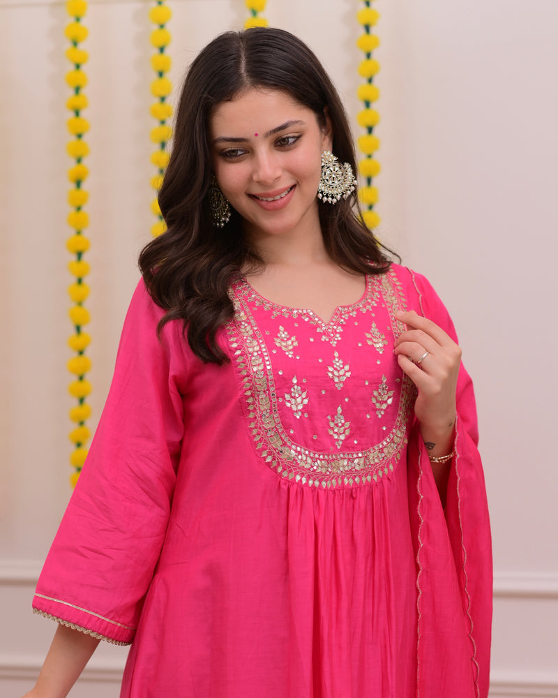 Pink Gottapatti Handwork Mul Chanderi A Line Suit
