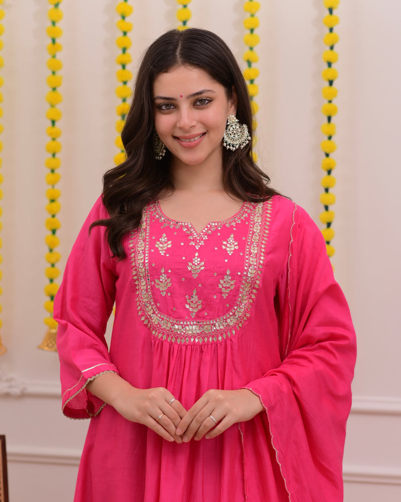 Pink Gottapatti Handwork Mul Chanderi A Line Suit