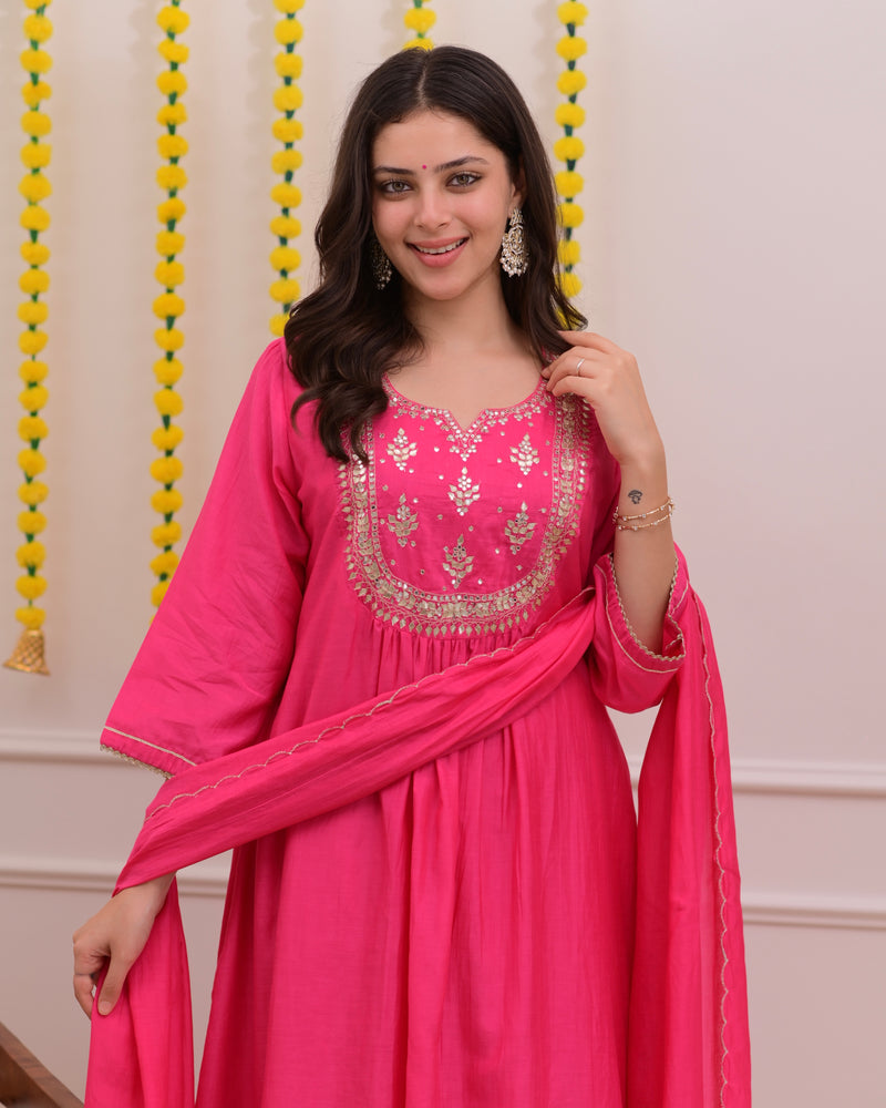 Pink Gottapatti Handwork Mul Chanderi A Line Suit