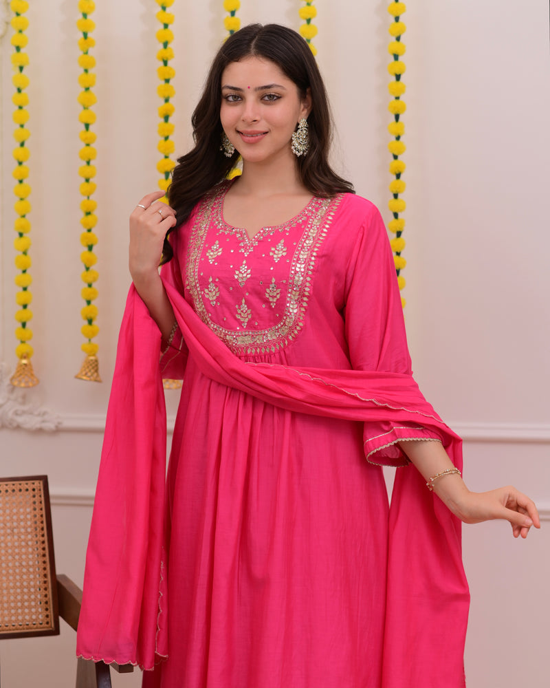 Pink Gottapatti Handwork Mul Chanderi A Line Suit