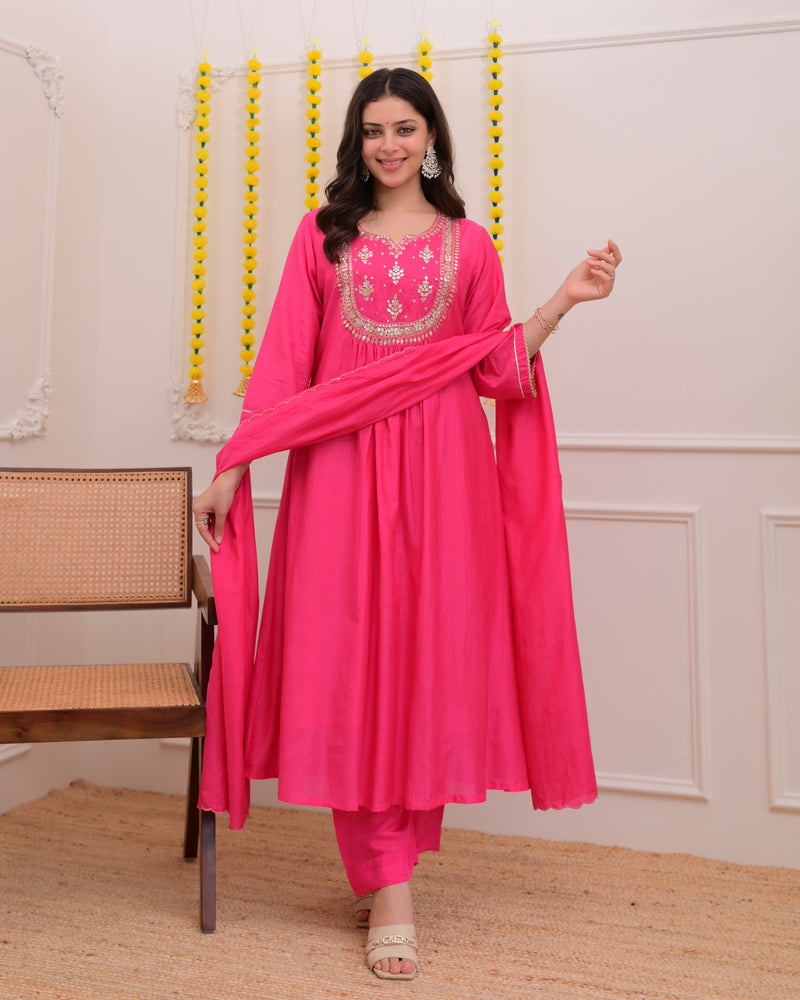 Pink Gottapatti Handwork Mul Chanderi A Line Suit