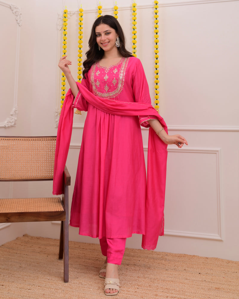 Pink Gottapatti Handwork Mul Chanderi A Line Suit